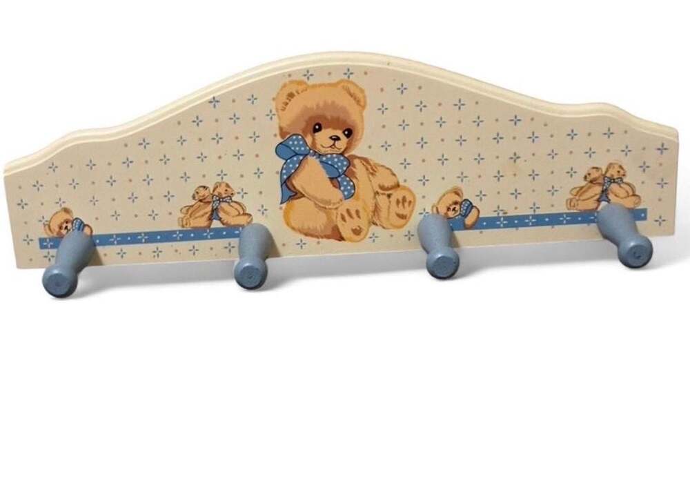 Vintage Hand-Painted Wooden Theodore Teddy Bear Rack with 4 Pegs